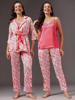 Clovia - Satin Floral Print Robe And Cami Top With Pyjama Multi-Color