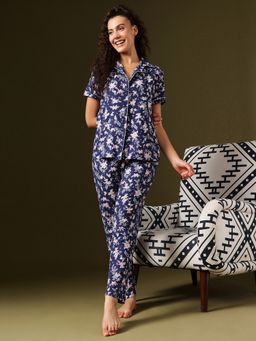 Clovia - Printed Button-Down Shirt And Pyjama Set Navy Blue