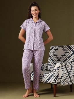 Clovia - Printed Button-Down Shirt And Pyjama Lavender