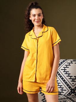 Clovia - Cotton Button Down Shirt And Shorts Yellow
