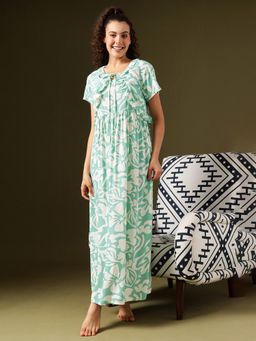 Clovia - Rayon Floral Print Maternity Nursing Feeding Nighty And Shrug White