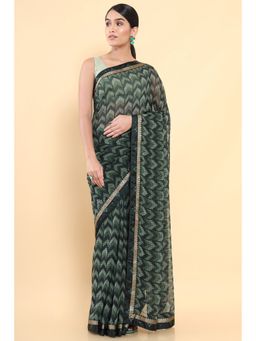 Soch - Women Green Georgette Printed Saree with Unstitched Blouse
