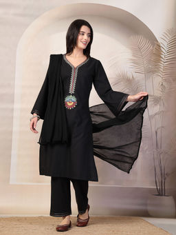 Nayam by lakshita - Black Embroidered Cotton Linen Straight Kurta & Pant with Dupatta (Set of 3)