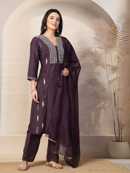 Nayam by lakshita - Purple Abstract Printed A-Line Kurta & Pant with Dupatta (Set of 3)