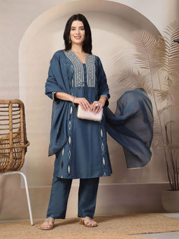 Nayam by lakshita - Teal Abstract Printed A-Line Kurta & Pant with Dupatta (Set of 3)