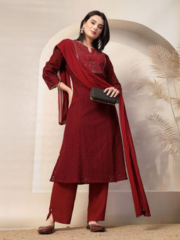 Nayam by lakshita - Maroon Embroidered A-Line Kurta & Pant with Dupatta (Set of 3)
