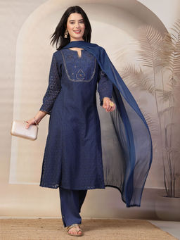 Nayam by lakshita - Navy Blue Embroidered A-Line Kurta & Pant with Dupatta (Set of 3)