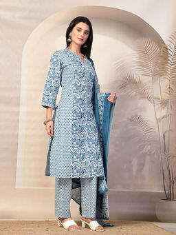 Nayam by lakshita - Blue Paisley Printed A-Line Cotton Kurta & Pant with Dupatta (Set of 3)