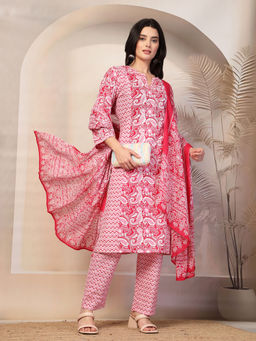 Nayam by lakshita - Pink Paisley Printed A-Line Cotton Kurta & Pant with Dupatta (Set of 3)