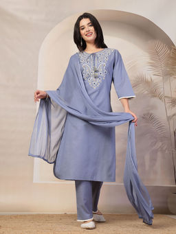 Nayam by lakshita - Blue Embroidered Straight Cotton Kurta & Pant with Dupatta (Set of 3)