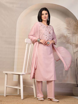 Nayam by lakshita - Pink Embroidered Straight Cotton Kurta & Pant with Dupatta (Set of 3)