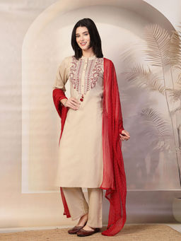 Nayam by lakshita - Beige Embroidered Straight Cotton Linen Kurta & Pant with Dupatta (Set of 3)