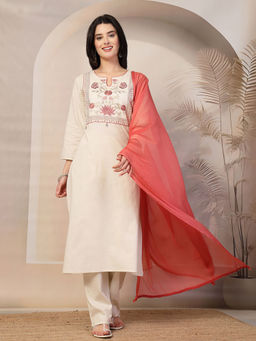 Nayam by lakshita - Ivory Embroidered Straight Cotton Kurta & Pant with Dupatta (Set of 3)