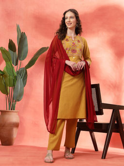 Nayam by lakshita - Mustard Embroidered Straight Cotton Kurta & Pant with Dupatta (Set of 3)