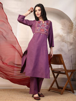 Nayam by lakshita - Purple Embroidered Straight Cotton Kurta & Pant with Dupatta (Set of 3)