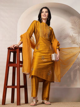 Nayam by lakshita - Mustard Embroidered Straight Silk Kurta & Pant with Dupatta (Set of 3)