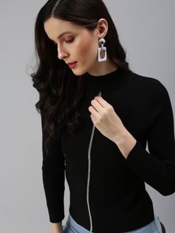 SHOWOFFFF - Women's Solid Fitted Black High Neck Top