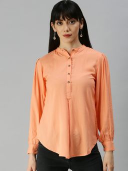 SHOWOFF - Women Mandarin Collar Solid Peach Regular Top
