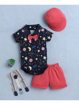 Bumzee - Navy Blue Boys Bodysuit & Shorts with Bow Tie, Suspender & Cap (Set of 5)