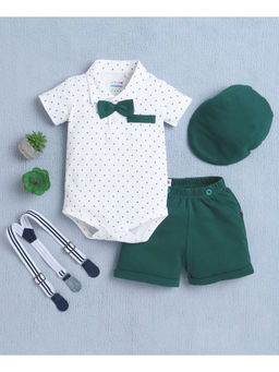 Bumzee - White Boys Bodysuit & Shorts with Bow Suspender & Cap (Set of 4)