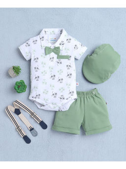 Bumzee - White Boys Bodysuit & Shorts with Bow Suspender & Cap (Set of 4)