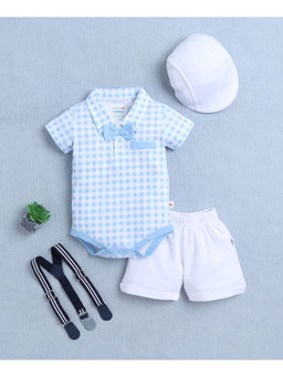 Bumzee - Blue Boys Bodysuit & Shorts with Bow Tie, Suspender & Cap (Set of 5)
