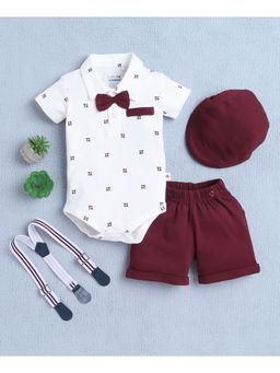 Bumzee - White Boys Bodysuit & Shorts with Bow Suspender & Cap (Set of 4)