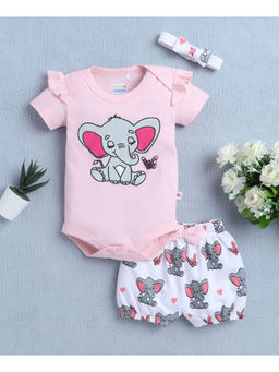 Bumzee - Pink Girls Half Sleeves Bodysuit & Shorts with Headband (Set of 3)