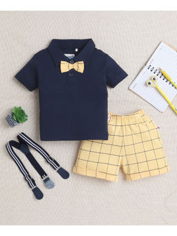 Bumzee - Navy Blue Boys Polo T-shirt & Shorts with Bow Tie, Suspender (Set of 4)