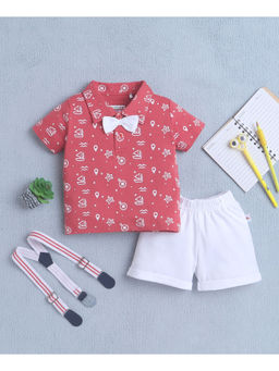 Bumzee - Pink Boys Half Sleeves Polo T-shirt & Shorts with Bow Suspender (Set of 3)