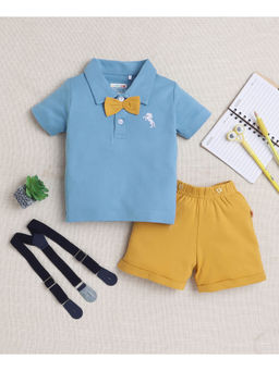 Bumzee - Blue Boys Half Sleeves Polo T-shirt & Shorts with Bow Suspender (Set of 3)