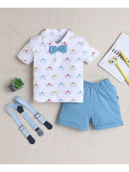 Bumzee - White Boys Polo T-shirt & Shorts with Bow Tie, Suspender (Set of 4)