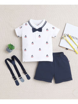 Bumzee - White Boys Half Sleeves Polo T-shirt & Shorts with Bow Suspender (Set of 3)