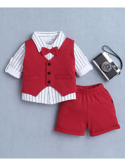 Bumzee - White Boys Full Sleeves Shirt with Waistcoat, Bow Tie & Shorts (Set of 4)
