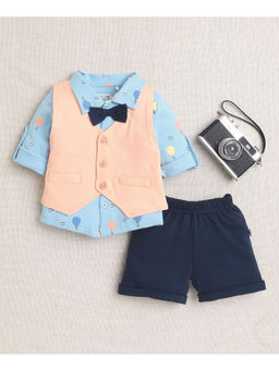 Bumzee - Sky Blue Boys Full Sleeves Shirt with Waistcoat & Shorts (Set of 3)