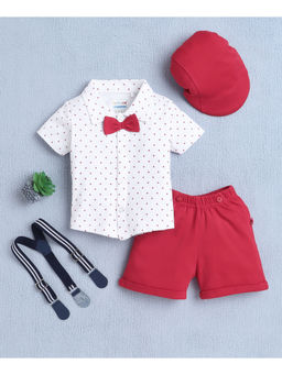 Bumzee - White Boys Shirt & Short with Bow Suspender & Cap (Set of 4)