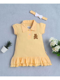 Bumzee - Yellow Girls Cap Sleeves Cotton Frock with Headband (Set of 2)