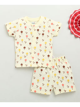 Bumzee - Cream Baby Boys Half Sleeves Jabla & Shorts (Set of 2)