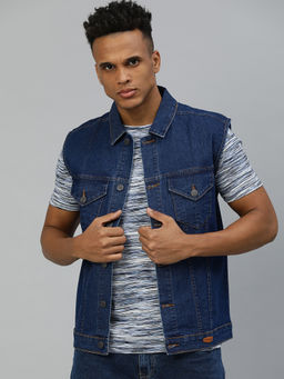 Urbano Fashion - Men Blue Slim Fit Washed Sleeveless Denim Jacket