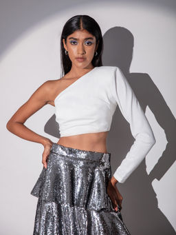 RSVP by Nykaa Fashion - Nikhil Thampi White Solid One Shoulder Crop Top