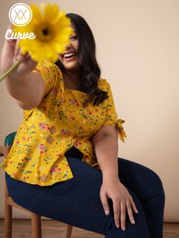 Twenty Dresses by Nykaa Fashion - Curve Yellow Floral Print Square Neck Top