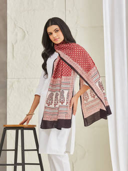 Fabindia - Womens Red Cotton Bagh Printed Stole