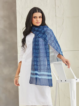 Fabindia - Womens Navy Blue Cotton Silk Hand Block Printed Stole