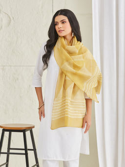 Fabindia - Womens Yellow Cotton Silk Hand Block Printed Stole
