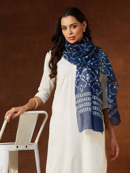 Fabindia - Womens Navy Blue Cotton Silk Hand Block Printed Stole