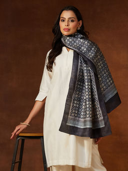 Fabindia - Womens Grey Silk Hand Block Printed Stole