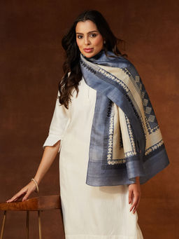 Fabindia - Womens Grey Silk Hand Block Printed Stole