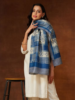 Fabindia - Womens Blue Silk Hand Block Printed Stole