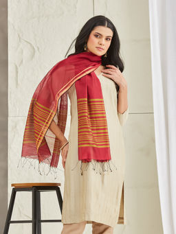 Fabindia - Womens Maroon Cotton Silk Blend Hand Woven Stole