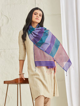 Fabindia - Womens Teal Viscose Silk Blend Hand Woven Stole
